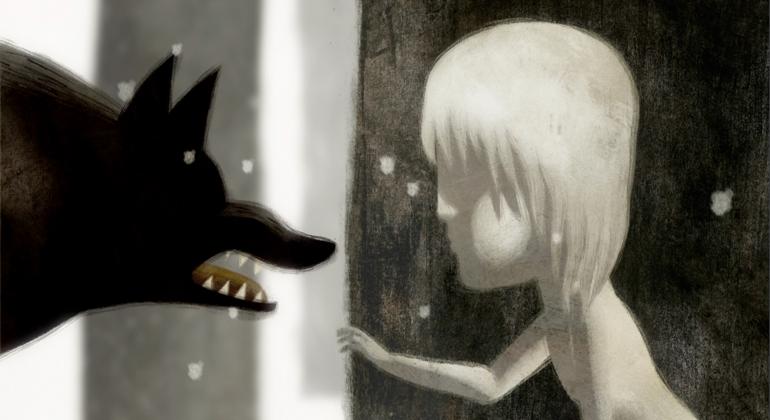 Cena da animação "Feral": mulher branca com a mão estendida para lobo negro, com os dentes à mostra. 