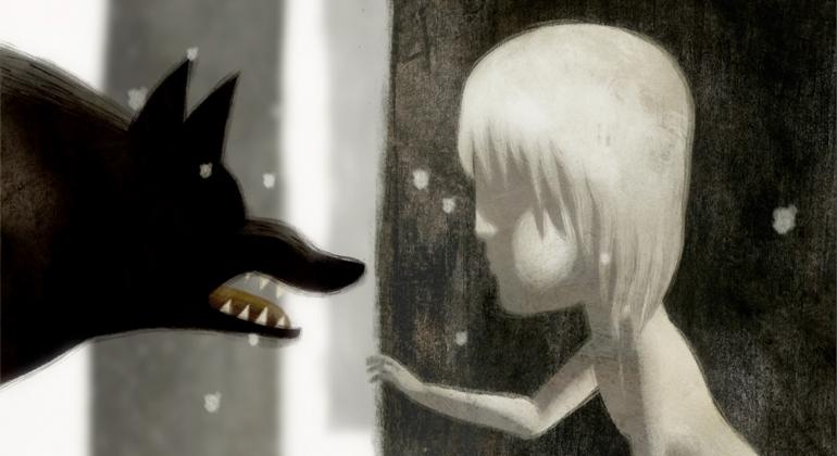 Edição itinerante do maior festival brasileiro dedicado a filmes de animação, traz a BH produções nacionais e internacionais, além oficinas. Foto: Daniel Sousa Cena da animação "Feral": mulher branca com a mão estendida para lobo negro, com os dentes à mostra.
