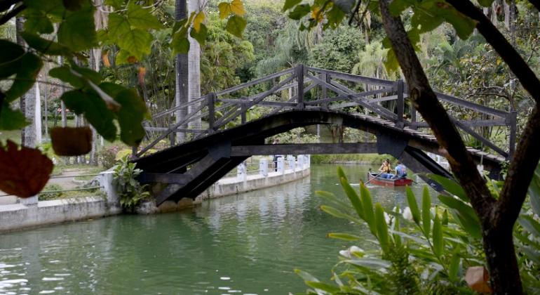 Árvores, lago e ponte do Parque Municipal Américo Renneé Giannetti. Ao fundo, cidadãos passeiam em barco.