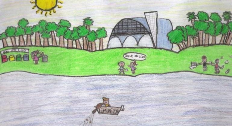 Alunos da educação infantil recebem Prêmio Águas da Pampulha Desenho da lagoa da Pampulha, com a igreja ao fundo feito por criança. Na lagoa há um barco, logo atrás, uma área verde e árvores.