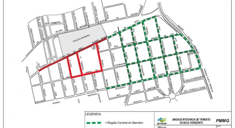 A BHTrans realiza nesta sexta-feira, dia 24 de novembro, uma série de operações de trânsito durante a Black Friday. Arte: BHTrans Mapa da operação de trânsito Black Friday no Barreiro.