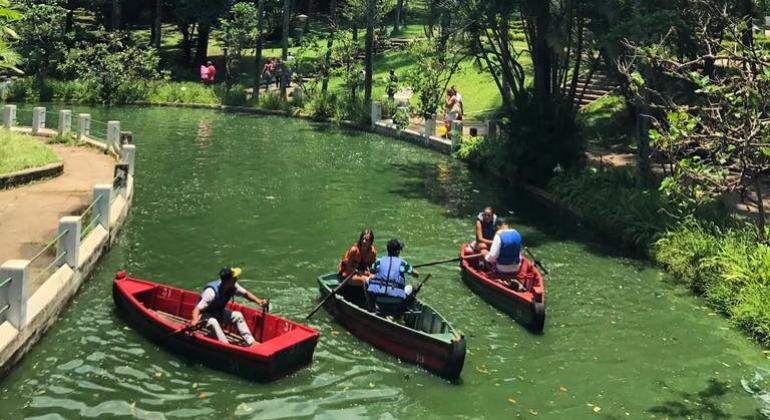 Cinco adultos fazem passeio em três barcos diferentes na lagoa do Parque Municipal Américo Renneé Gianneti.