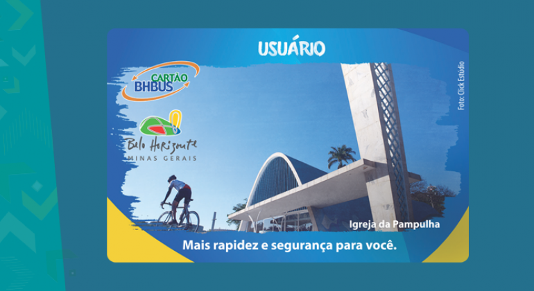 Usuários do transporte coletivo de Belo Horizonte já podem fazer a recarga de créditos dos Cartões BHBUS no valor de R$ 20,00 no cartão azul. Foto: Divulgação PBH Cartão azul da BHTrans, através do qual pode ser feita a recarga de R$ 20. Ele tem os dizeres: Usuário, Cartão BHBus, Belo Horizonte/Minas Gerais, Igreja da Pampulha e Mais rapidez e segurança para você. o fundo é da Igreja da Pampulha com um ciclista à frente.