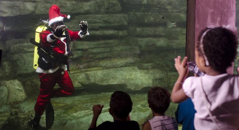 Papai Noel mergulhador no Aquário do Rio São Francisco acena para crianças.
