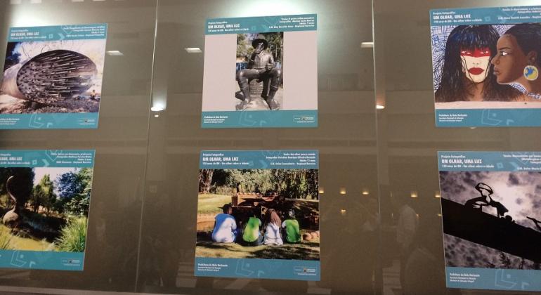 Projeto “Um Olhar, Uma Luz”, desenvolvido em escolas municipais, revela o olhar fotográfico de alunos sobre BH em seu aniversário. Foto: Arquivo Smed Seis fotos de várias partes de BH em exposição.