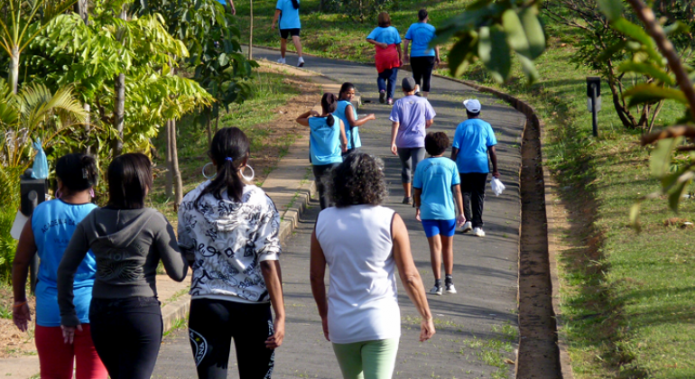A partir do dia 15/12, equipe de profissionais de Educação Física estará na pista da Rua Antônio Holandino de Araújo, no Barreiro. Foto: Edanise Guimarães Mais de 9 pessoas caminham em pista com verde ao redor.