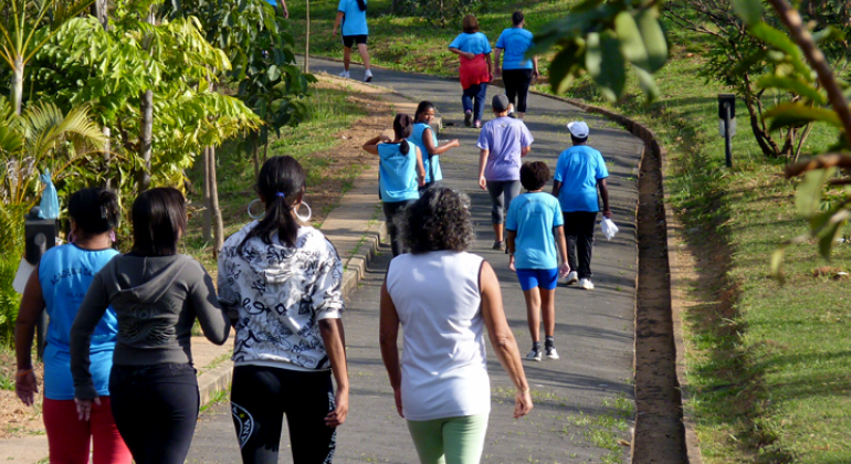 Mais de 9 pessoas caminham em pista com verde ao redor.