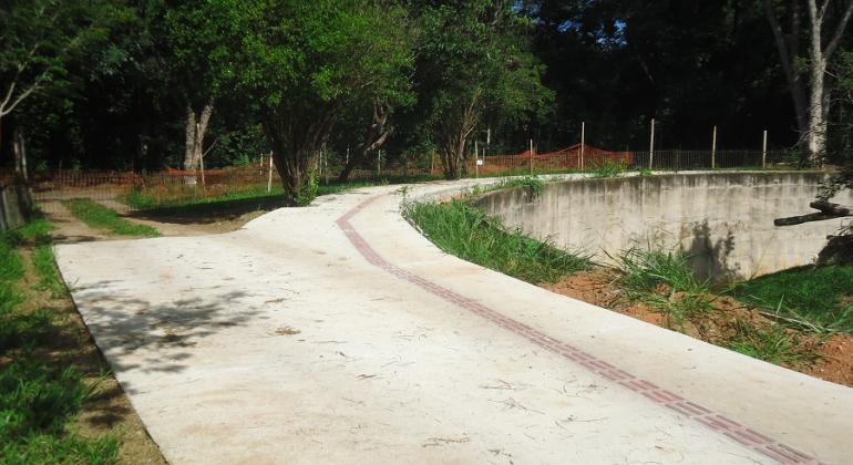 Área da Fundação Zoobotânica com muitas árvores e um extenso caminho pavimentado para deficientes com guia para cegos em alto relevo.