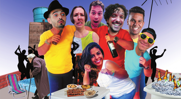 Seis atores se desdobram em 15 personagens em trocas constantes de caracterização, sob o cenário da típica laje da periferia, até 25/2. Foto: Divulgação Sete personagens em cenário de churrasco em uma laje.