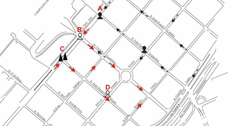 Mapa da circulação - operação de trânsito no entorno da PUC MINAS para vestibular da CEMIG