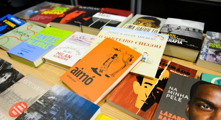 Acervo bibliográfico da Biblioteca Pública Infantil e Juvenil e de toda a sua rede está sendo renovado pela PBH. Foto: Jéssica Marques Cerca de 16 livros, de tamanhos e temas diversos, em cima de uma mesa.