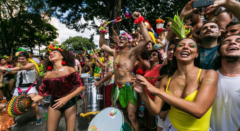 Foliões e músicos se divertem no Bloco Alô Abacaxi