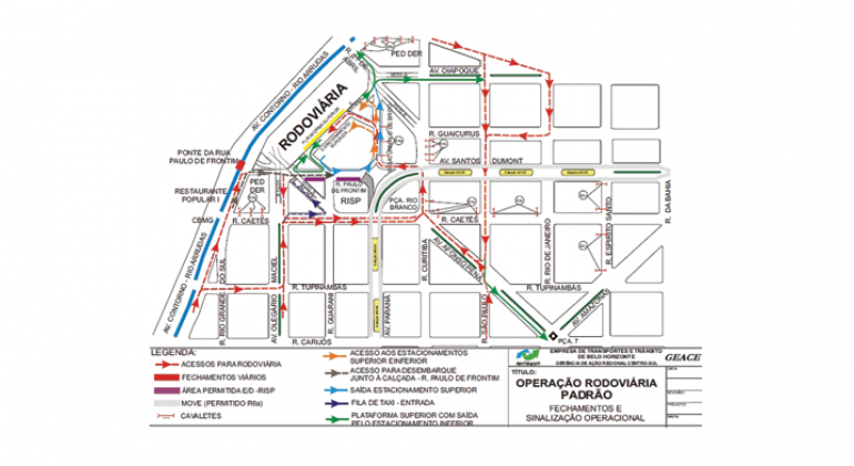 Entorno do Terminal Rodoviário Governador Israel Pinheiro (TERGIP) terá intervenções operacionais no trânsito no período de 28/3 a 2/4. BHTrans/PBH Mapa da operação de trânsito no Terminal Rodoviário Governador Israel Pinheiro durante a Semana Santa.