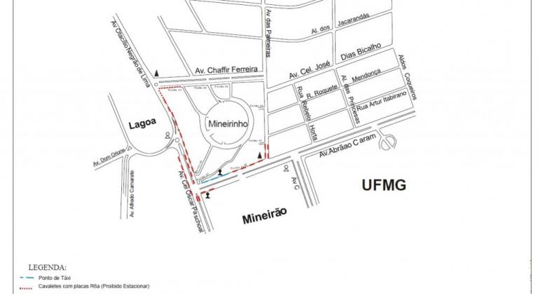 Mapa gráfico do entorno do Mineirinho, aponta também o Mineirão, UFMG e a Lagoa da Pampulha