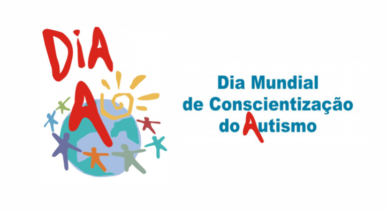Desenho de mundo com solzinho e várias pessoas coloridas sem círculo com os seguintes dizeres acima: Dia A; e ao lado Dia Mundial de Conscientização do Autismo