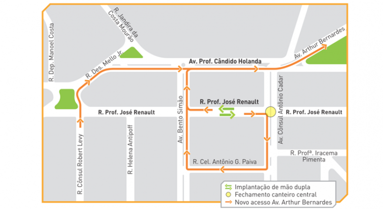 Mapa gráfico de Belo Horizonte indica ruas do bairro São Bento. A Rua Professor José Renault agora é mão dupla.