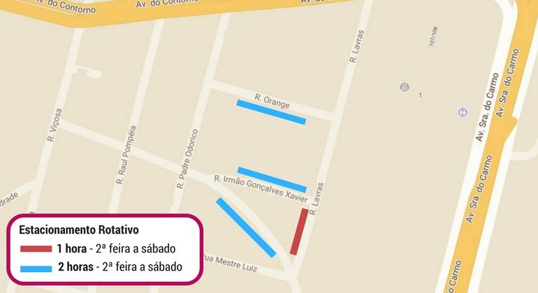 Estacionamento Rotativo terá novas vagas no bairro São Pedro. Arte: BHTrans Mapa do estacionamento rotativo no bairro São Pedro.