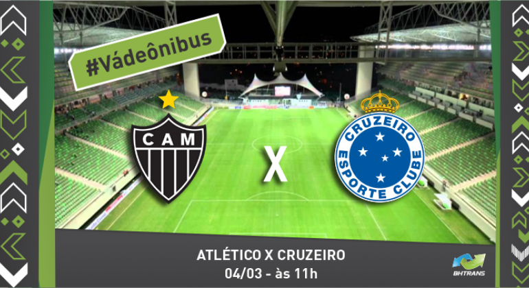 Para o jogo Atlético x Cruzeiro, dia 4/3, às 11h, no Independência, a BHTrans implantará serviço especial de transporte coletivo. Arte: BHTrans Imagem da Arena Independência com os escudos dos times Atlético e Cruzeiro