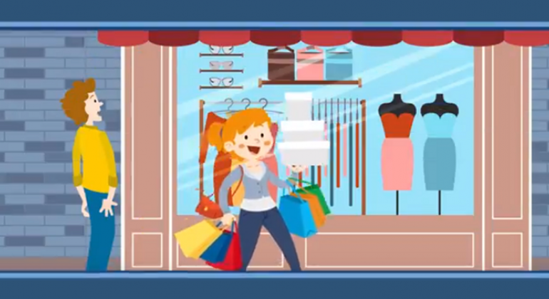 Arte: Divulgação Desenho de mulher olhando vitrine enquanto outra mulher carrega seis sacolas coloridas na rua.
