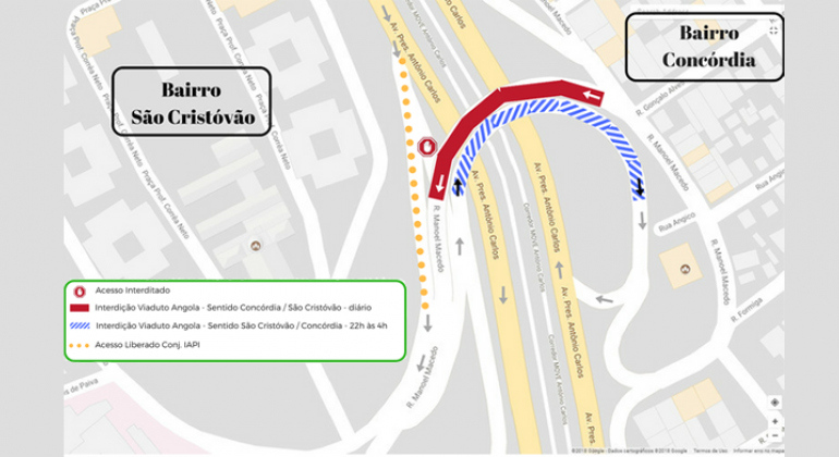 Interdição noturna na Avenida Antônio Carlos para manutenção do Viaduto Angola, na quinta-feira, dia 12/4. Arte: PBH Mapa da Interdição noturna na Avenida Antônio Carlos para manutenção do Viaduto Angola, realizada na quinta-feira, dia 12/4.