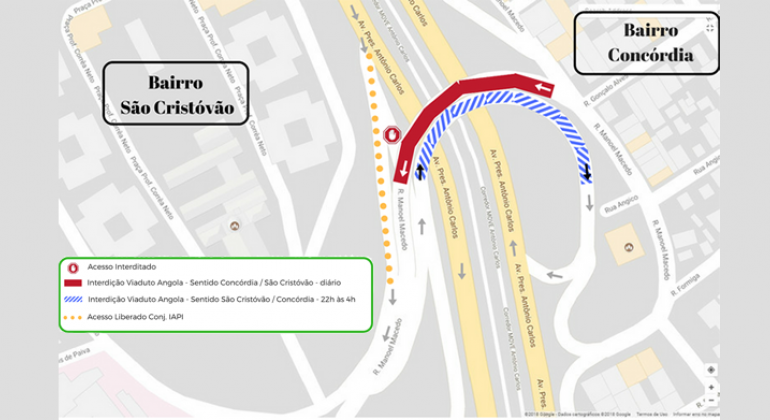 Mapa da Interdição noturna na Avenida Antônio Carlos para manutenção do Viaduto Angola, realizada na quinta-feira, dia 12/4.