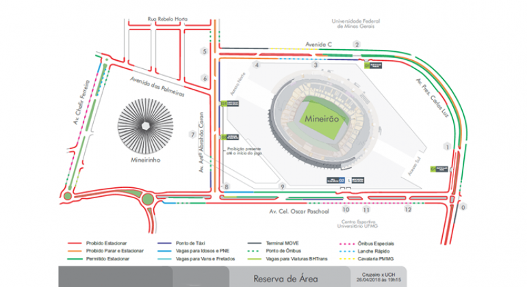 Operação especial para o jogo Cruzeiro x Universidad de Chile, no Mineirão Mapa gráfico do entorno do Mineirinho, aponta também o Mineirão, UFMG e a Lagoa da Pampulha