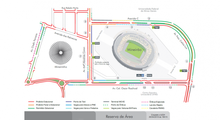 Mapa gráfico do entorno do Mineirinho, aponta também o Mineirão, UFMG e a Lagoa da Pampulha