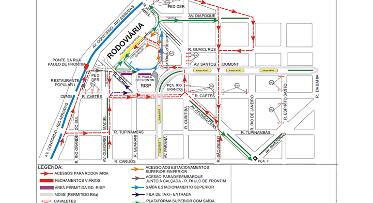 De 27 de abril a 2 de maio, BHTrans realiza intervenções no trânsito da região do Terminal Rodoviário Governador Israel Pinheiro. Arte: BHTrans Mapa da operação de trânsito da região do Terminal Rodoviário Governador Israel Pinheiro, realizada entre os dias 27 de abril a 2 de maio.