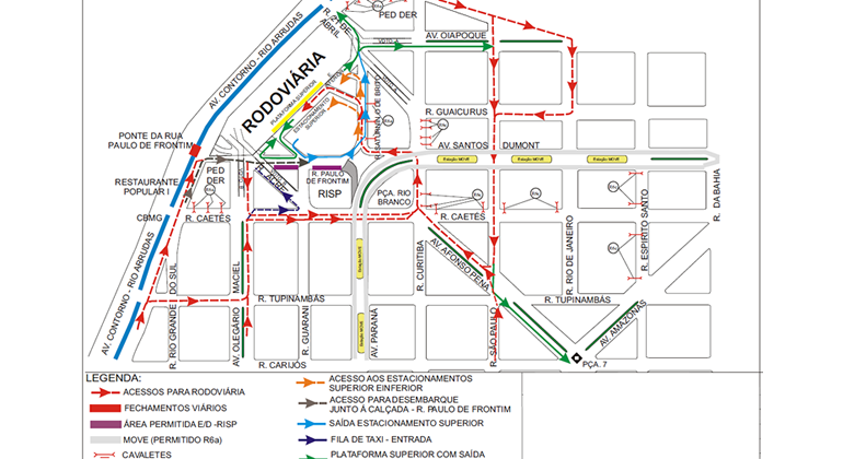 Mapa da operação de trânsito da região do Terminal Rodoviário Governador Israel Pinheiro, realizada entre os dias 27 de abril a 2 de maio. 