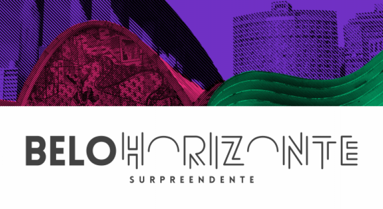 Nova marca de Belo Horizonte. Prédios da cidade pintados em roxo, rosa e verde. Abaixo, há a marca, com texto "Belo Horizonte - Surpreendente"