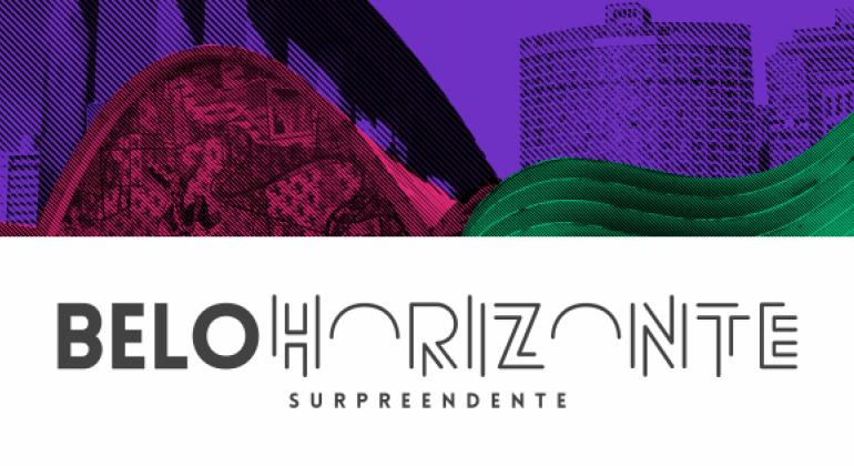 Belotur apresenta novo posicionamento turístico de BH na World Travel Market Nova marca de Belo Horizonte. Prédios da cidade pintados em roxo, rosa e verde. Abaixo, há a marca, com texto "Belo Horizonte - Surpreendente"