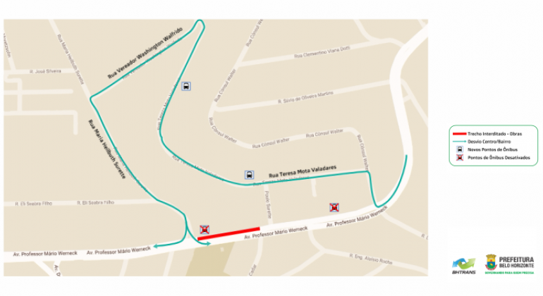 A Av. Prof. Mário Werneck foi interditada para obras desde o dia 2/4. Arte: BHTrans Mapa da interdição de trecho da Avenida Mário Werneck.