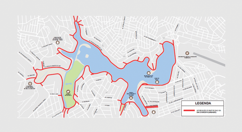No sábado, dia 21/4, a BHTrans realiza operação de trânsito e transporte público na orla da Lagoa da Pampulha. Arte: BHTrans Mapa da operação de trânsito realizada pela BHTrans na 2ª Volta Noturna da Lagoa, realizada dia 21/4.