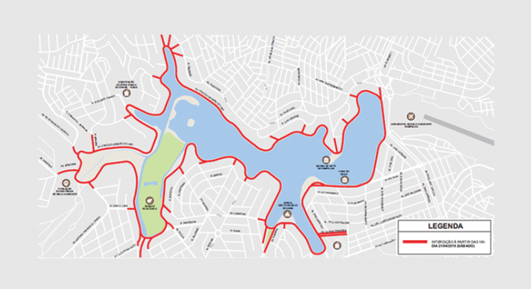 Mapa da operação de trânsito realizada pela BHTrans na 2ª Volta Noturna da Lagoa, realizada dia 21/4.