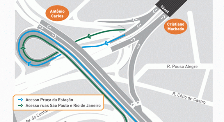 Na sexta-feira, dia 13 de abril, será liberada nova alça do Viaduto Leste do Complexo da Lagoinha, no sentido Bairro/Centro. Arte: PBH Mapa da liberação da liberada nova alça do Viaduto Leste do Complexo da Lagoinha, que ocorrerá no dia 13/4.