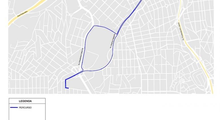 Mapa da operação de transporte e trânsito para Corrida ACM no alto Caiçara no domingo, dia 27/5. 