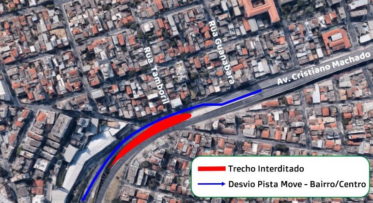 Arte: BHTrans Foto aérea da avenida Cristiano Machado com indicações do trecho interditado e do desvio da pista do Move nas cores vermelho e azul, respectivamente.