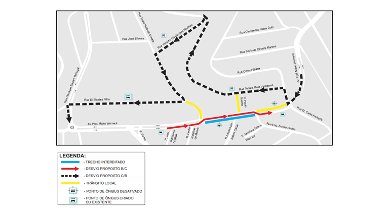 Mapa da interdição da Avenida Professor Mário Werneck, no bairro Buritis.