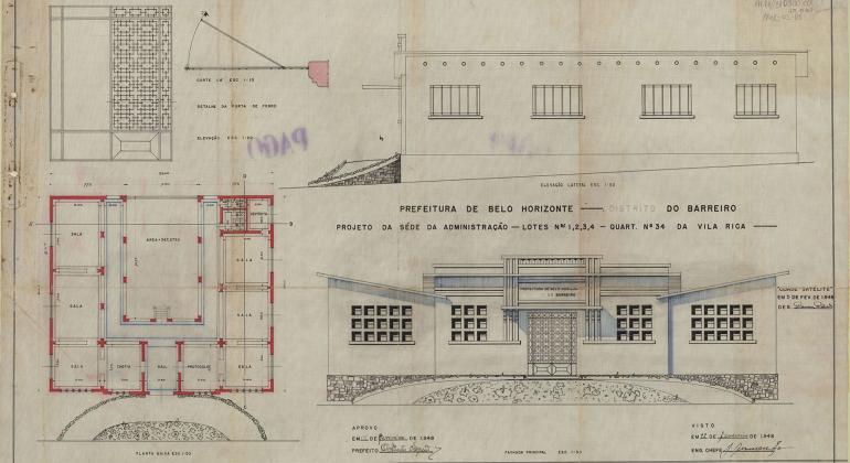 Na quinta-feira, dia 24/5, às 14h, servidores do Arquivo Público de BH farão palestra gratuita sobre os documentos em exposição. Foto: Arquivo Público de BH Projeto da sede administrativa de Regional Barreiro, com fachada, lateral e planta interna.