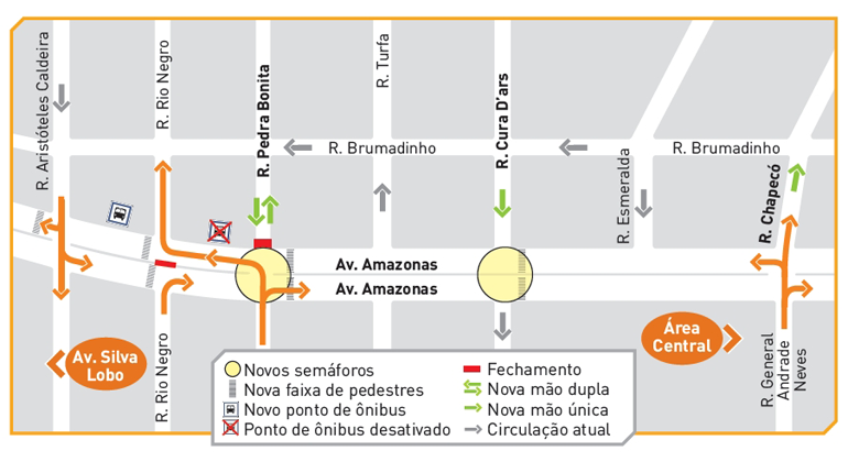 Mapa gráfico mostra trecho da Avenida Amazonas e ruas próximas. Aponta também que serão instalados dois novos semáforos. Um no cruzamento com a Rua Pedra Bonita e outro com a Rua Cura D'ras