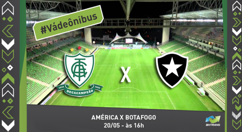 Jogo América x Botafogo, no domingo, dia 20/5, no Independência, tem serviço especial de transporte coletivo. Arte: BHTrans Imagem interna do Estádio Independência com os dizeres? "#Vádeônibus" e "América x Botafogo, dia 20/5, às 16h"
