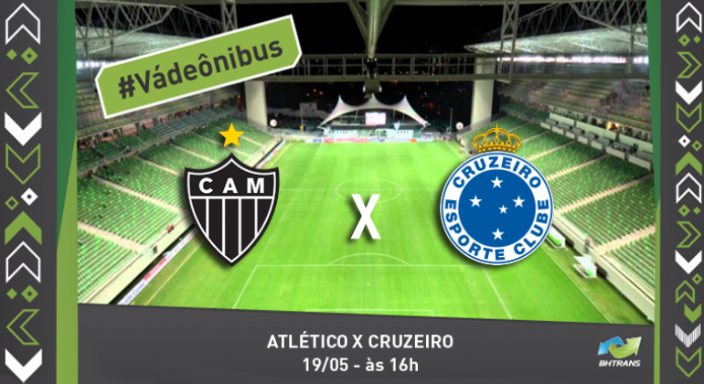 BHTrans realiza serviço de transporte para o jogo Atlético x Cruzeiro, no sábado, dia 19/5, no Estádio Independência. Arte: BHTrans Foto interna do Estádio Independência com os emblemas dos times Atlético e Cruzeiro e os dizeres: "#Vá de ônibus" e Alético x Cruzeiro, 19/5, às 16h.