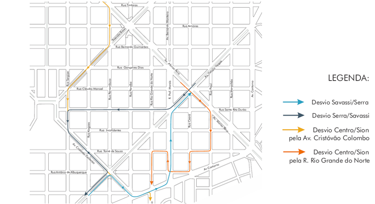 Arte: BHTrans Mapa da operação de trânsito para a Festa Italiana, que ocorre na Savassi no dia 1º/7.