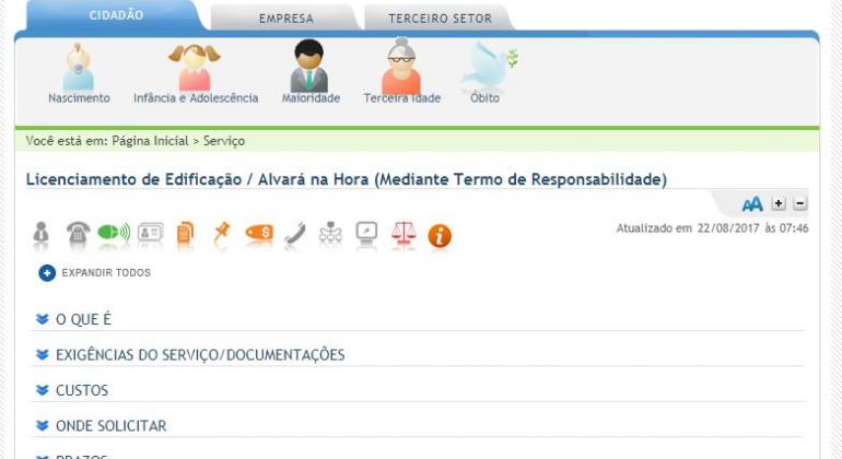 Processo de solicitação do serviço Alvará na Hora, da PBH, no portal de informações e serviços.