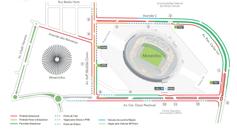 Jogo Brasil x Costa Rica será exibido nestes dois lugares, que terão operação especial de trânsito realizada pela BHTrans. Mapa da operação de trânsito do jogo Brasil x Costa Rica
