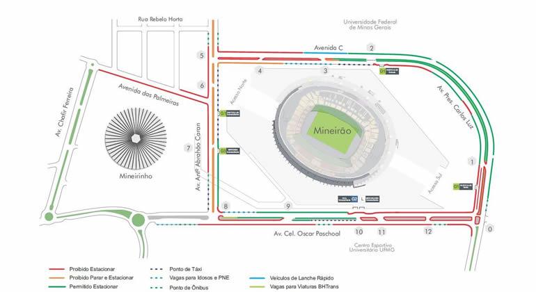 BHTrans realiza operação especial na Esplanada do Mineirão e Savassi para exibição de Brasil x México. Arte: BHTrans Mapa da operação de transporte e trânsito para a exibição do jogo Brasil x México na Esplanada do Mineirão