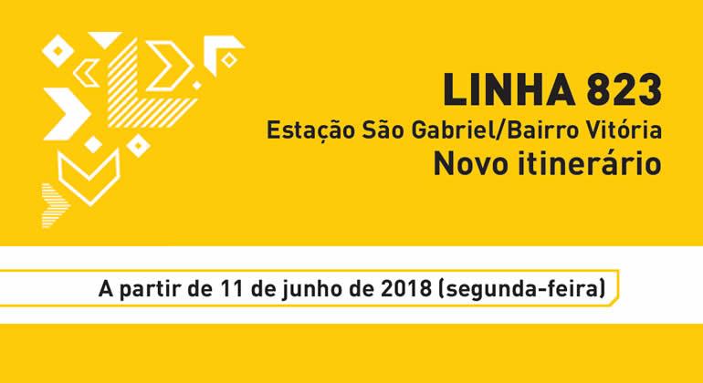 Linha 823 terá itinerário alterado a pedido da comunidade Imagem amarela com texto "Linha 823 - Estação São Gabriel/Bairro Vitória novo Itinerário" - A partir de 11 de junho de 2018 (segunda-feira)