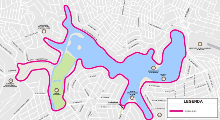 BHTrans realiza operação de trânsito e transportes para a Meia Maratona Internacional de Belo Horizonte no domingo, dia 24/6. Arte: BHTrans Mapa do percurso da Meia Maratona Internacional de BH, ao redor da Lagoa da Pampulha.