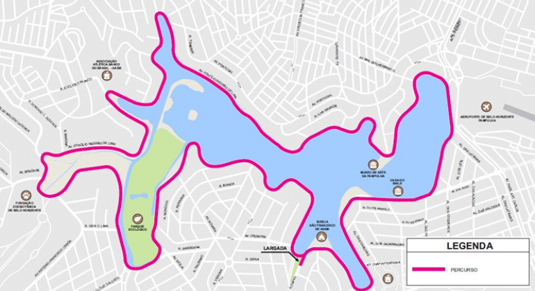 Mapa do percurso da Meia Maratona Internacional de BH, ao redor da Lagoa da Pampulha.