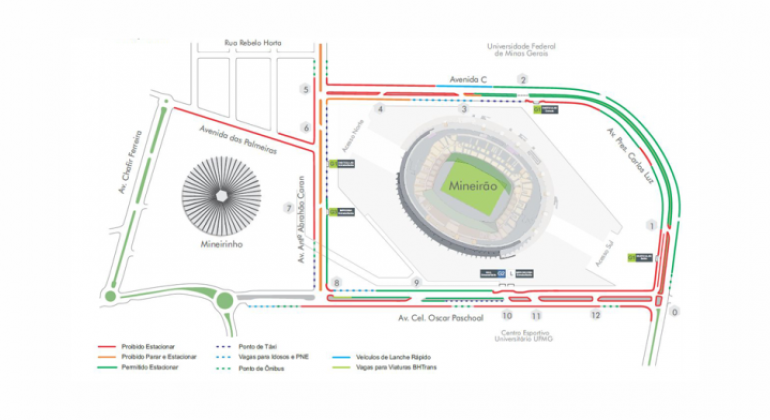 Mapa da operação de transporte e trânsito para a exibição do jogo Brasil x Sérvia na Esplanada do Mineirão